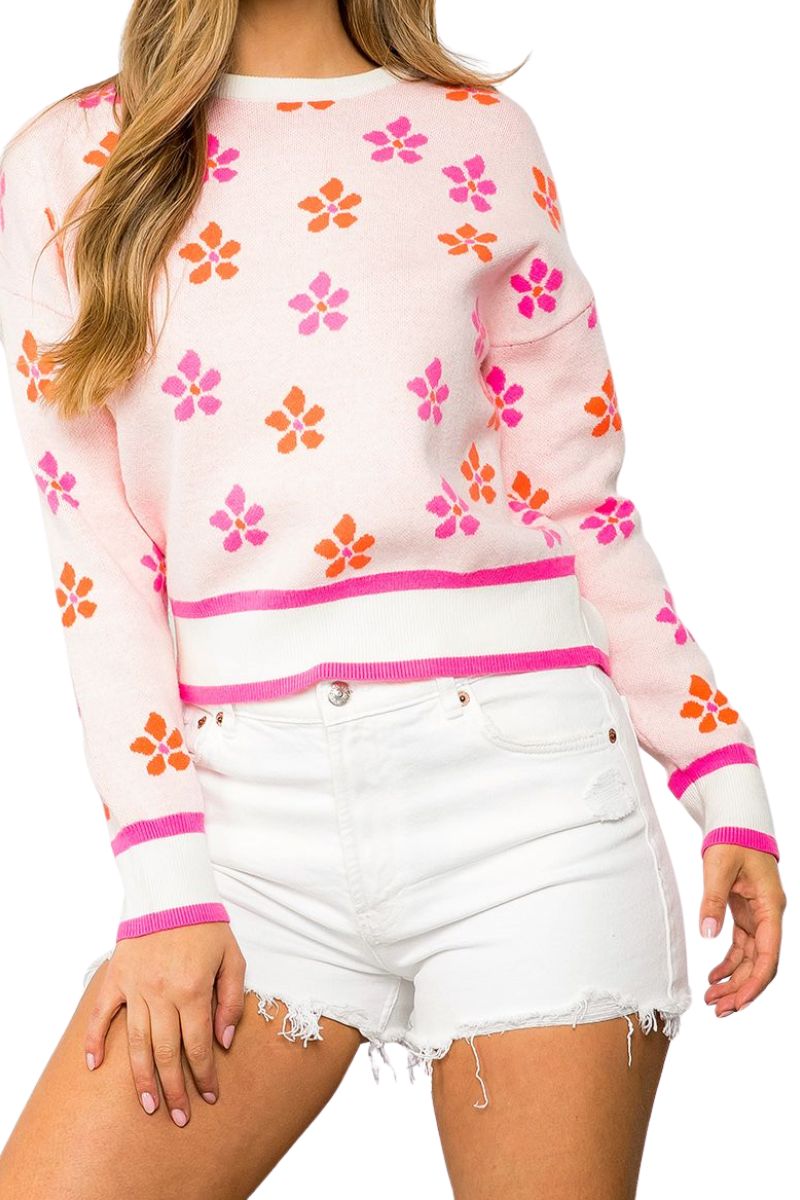 THML Flower Knit Sweater in Pink Cotton Island Women's Clothing Boutique