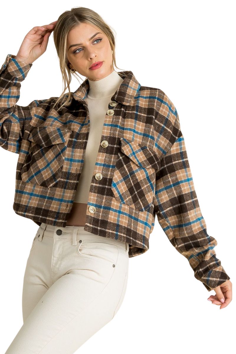 THML Plaid Cropped Jacket in Brown | Cotton Island Women's Clothing ...