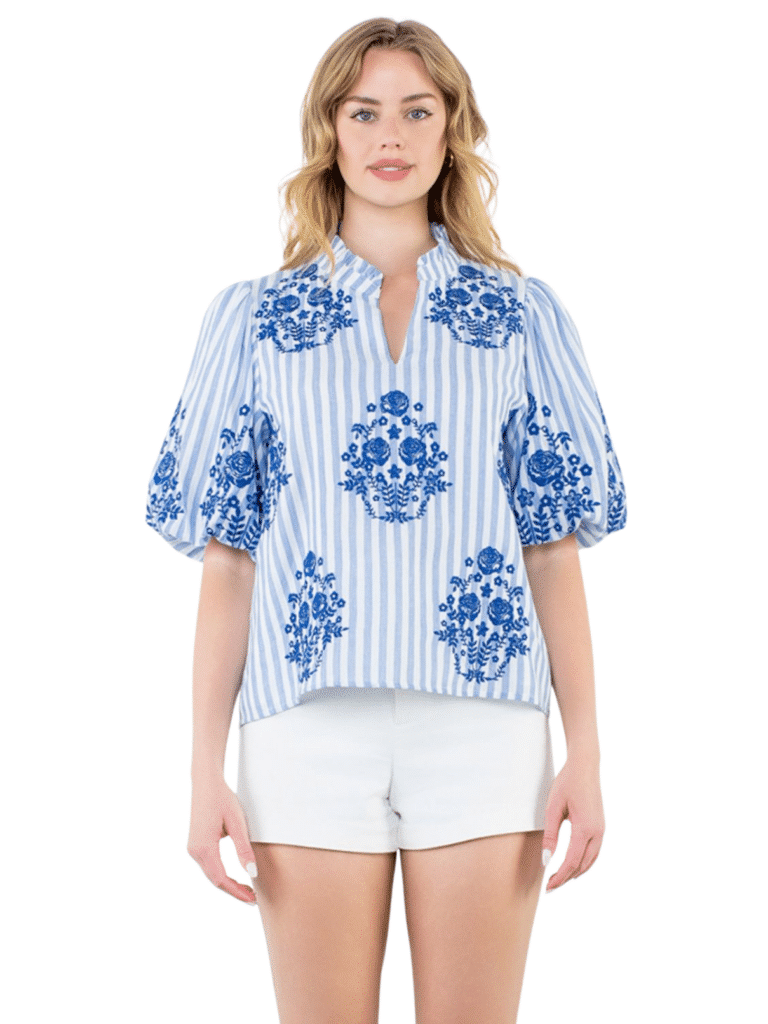 thml puff sleeve striped top with embroidery in blue