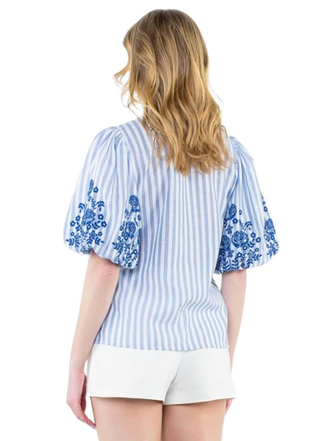 thml puff sleeve striped top with embroidery in blue