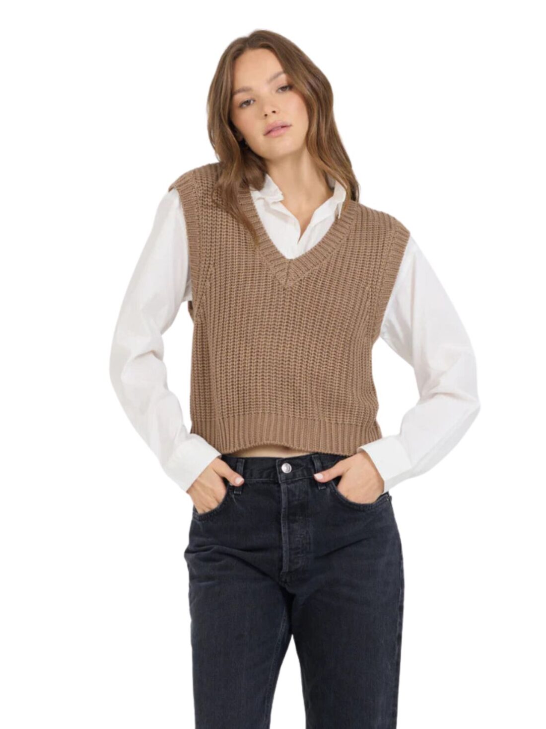 vintage havana twofer vest crop sweater in toffee/white