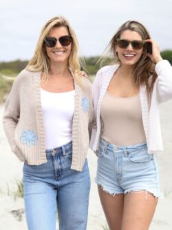 wooden ships blossom cropped cardi in khaki/beach sky