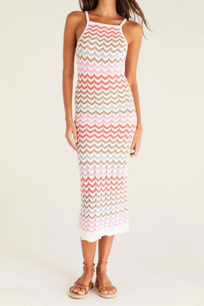 Z Supply Camille Crochet Midi Dress in Multi Stripe Cotton Island