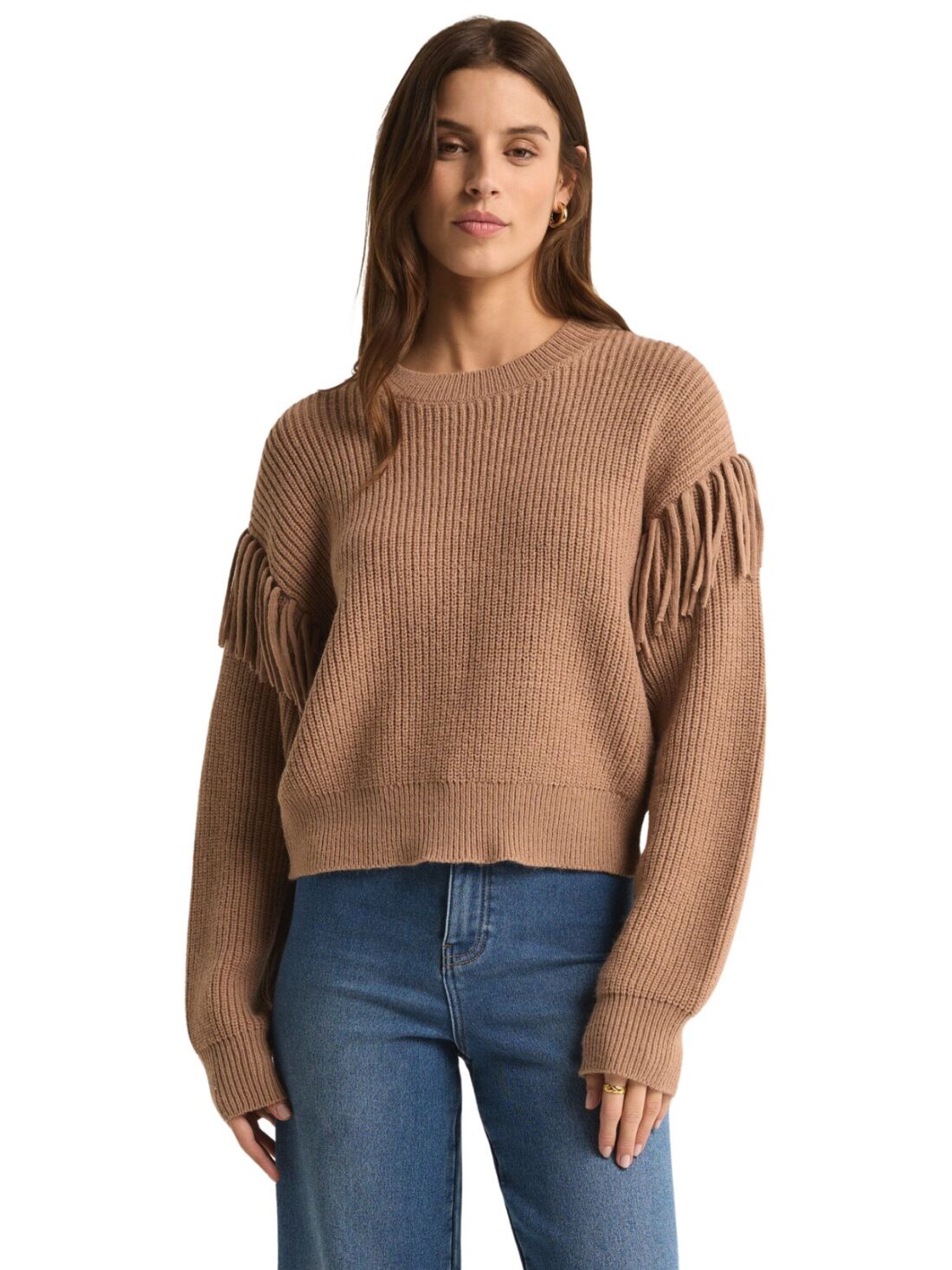 z supply on the fringe sweater in campfire